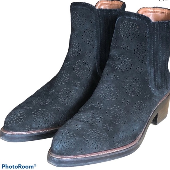 Coach Shoes - Coach Bowery Chelsea Boots - Black Suede-Laser Cut Floral- Size 8.5- EUC